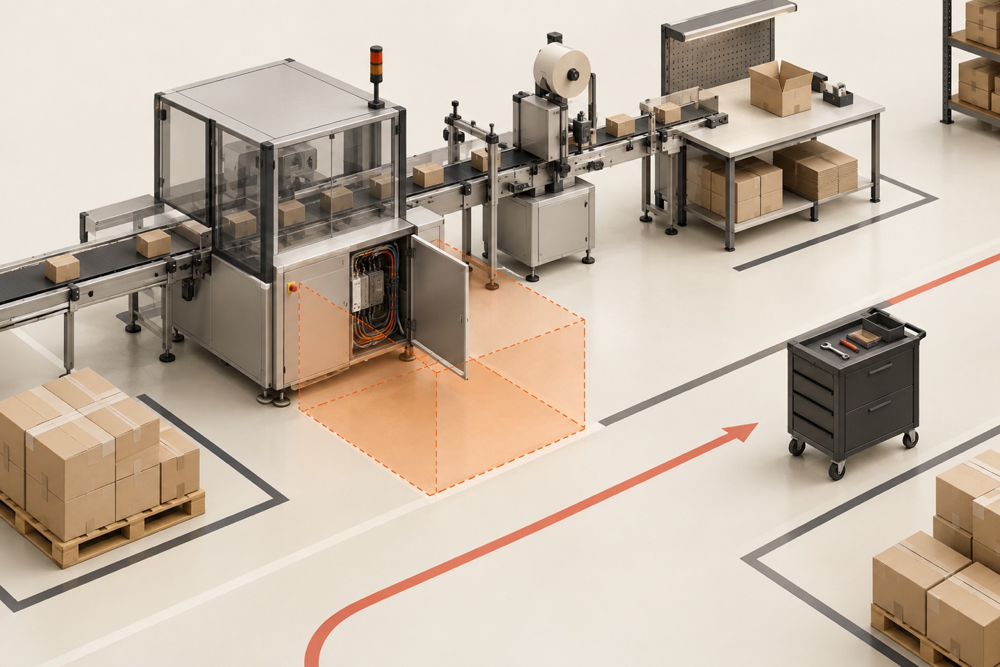 Conceptual 3D manufacturing cell with an open maintenance panel, service clearance envelope and material route