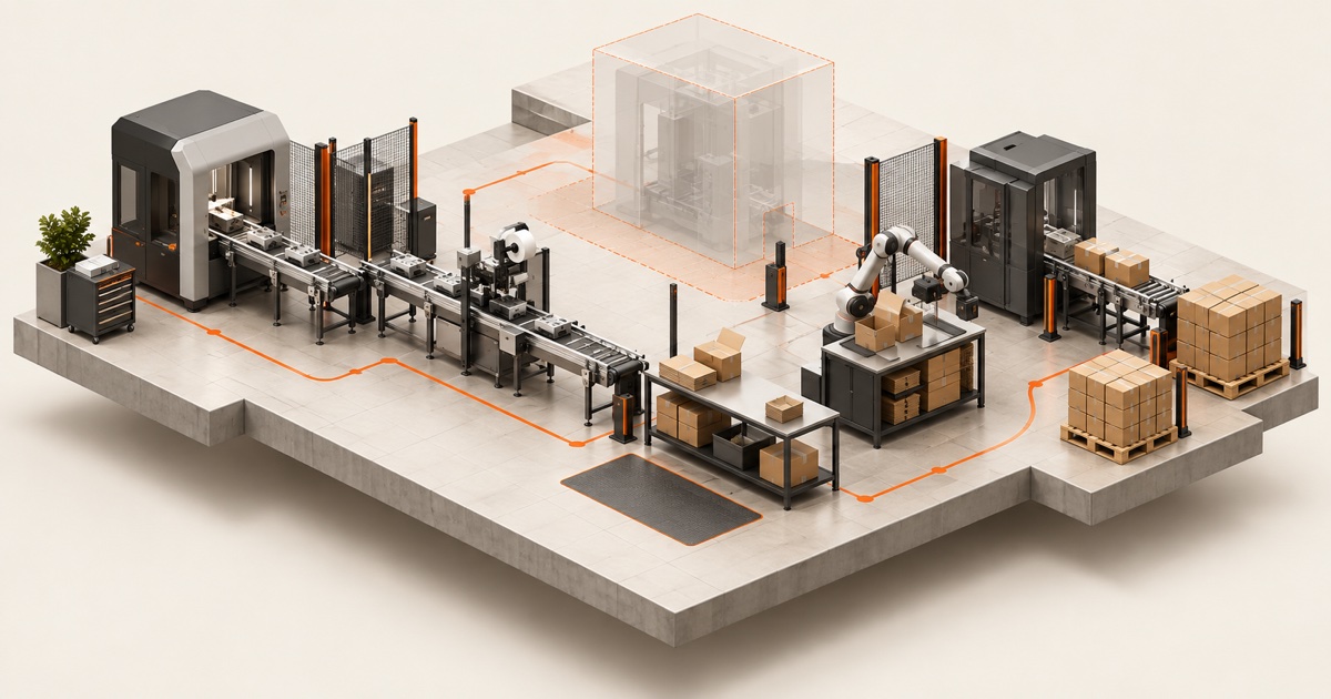 Conceptual 3D manufacturing layout with inspection machines, a conveyor, packing stations and a proposed equipment envelope