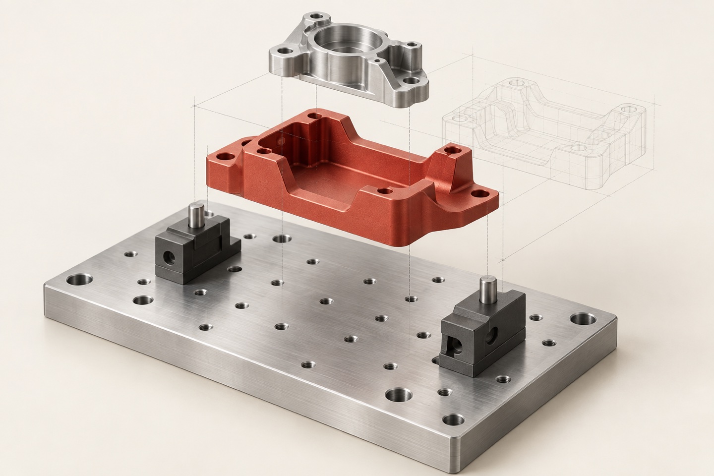 Exploded 3D CAD fixture concept showing a metal workpiece, assembly nest, locating blocks and mounting plate