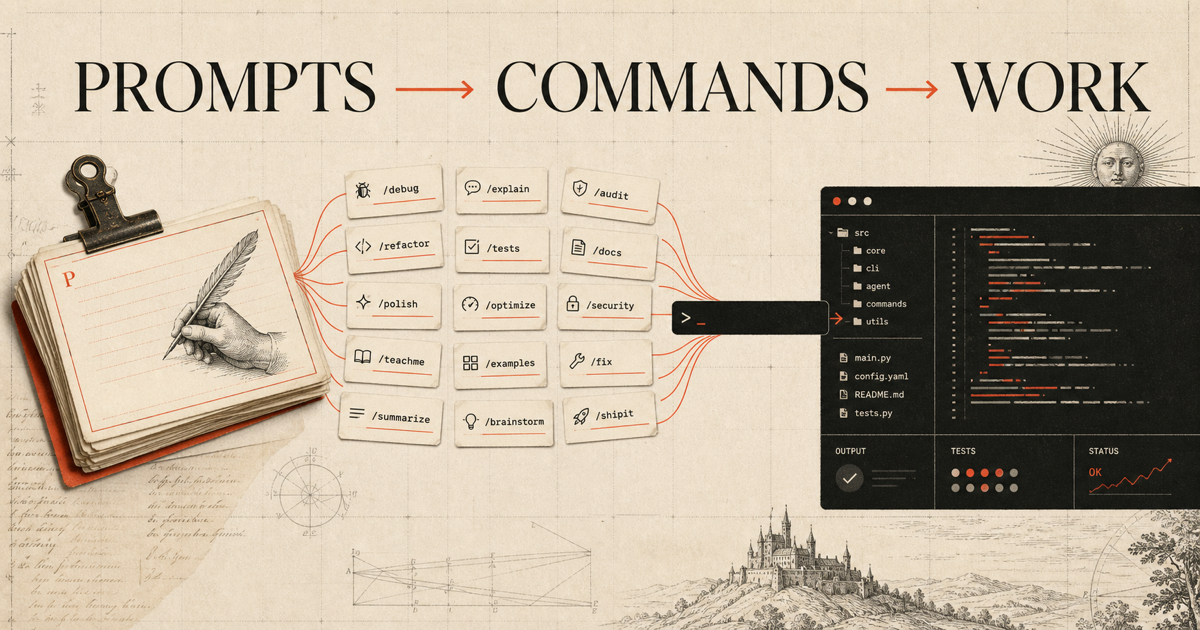 Prompt cards such as debug, audit, teachme, and shipit flowing into a tellnova coding agent workspace