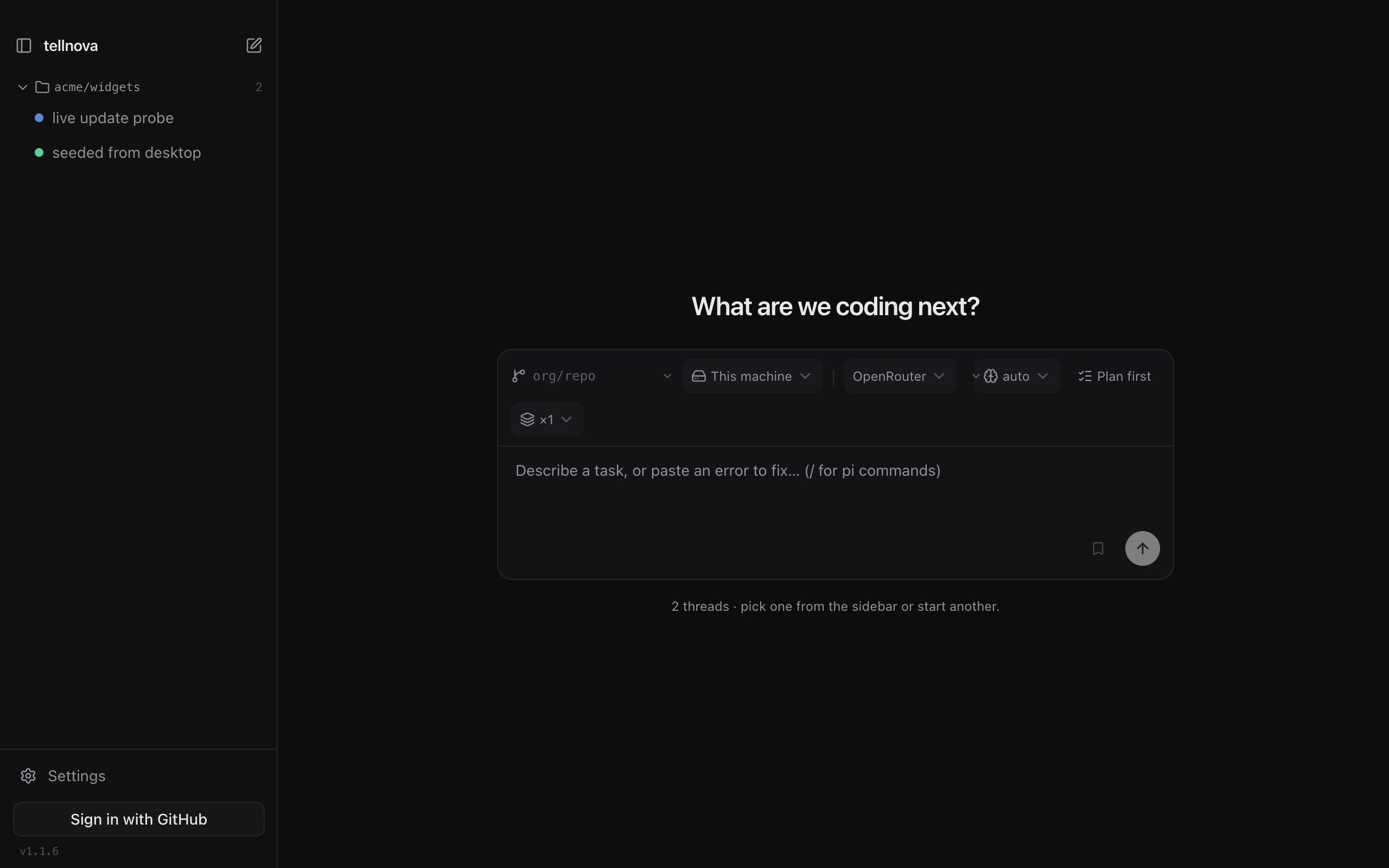 Two tellnova task threads running side by side in the desktop app
